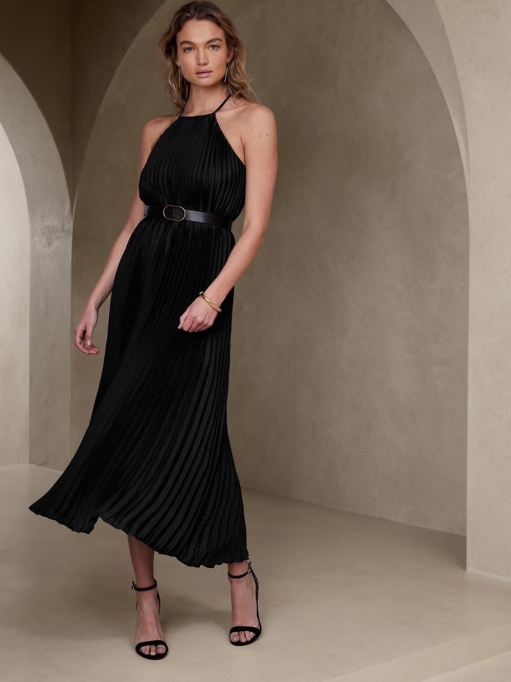 Banana Republic Black Halter Pleated Maxi Dress | Size M